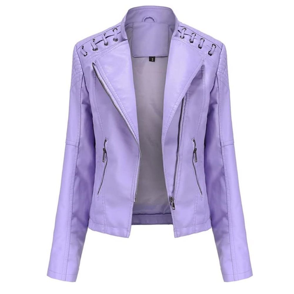 Purple Moto Punk Biker Fo Leather Full Zip Tie Tassels Side Zip Pockets Jacket
